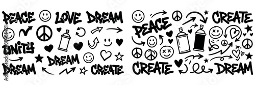 Canvastavla Positive Graffiti Word Art Set - Peace Love Dream Create Unity Spray Can Vector