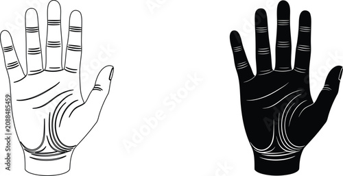 Foto Palmistry guide featuring detailed hand markings with circular lines in both sketch outline and solid dark fill version