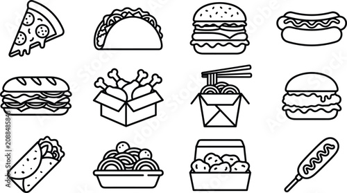 Tableau sur toile Fast food and takeaway dinner line icon set with burger pizza taco and noodle sy