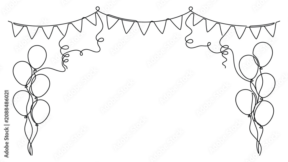 Fototapeta premium Continuous line art frame with party balloons and hanging pennant bunting