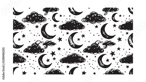 Celestial Night Sky Pattern with Hand Drawn Moons and Stars