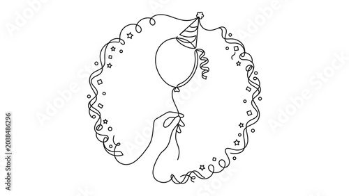 Continuous line art of a hand holding a birthday balloon with party hat
