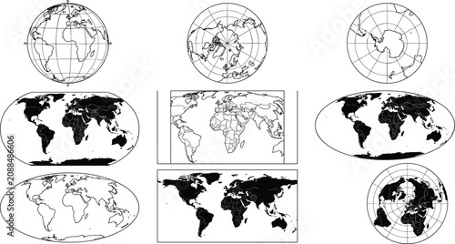 Schilderij op canvas Collection of nine world map projections including equatorial, polar, oval, and