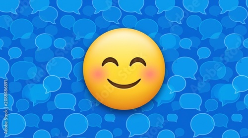 Happy yellow emoji face with rosy cheeks on blue chat bubbles background social media concept with speech bubble background cheerful yellow with blushing cheeks