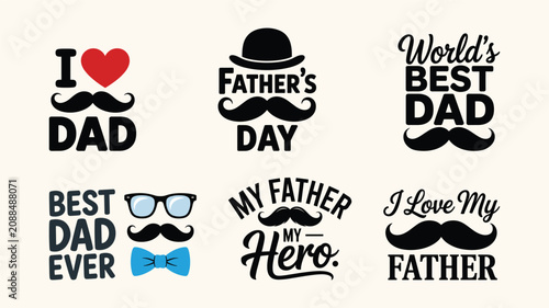Graphic design set for happy father day with mustache heart glasses and typography.