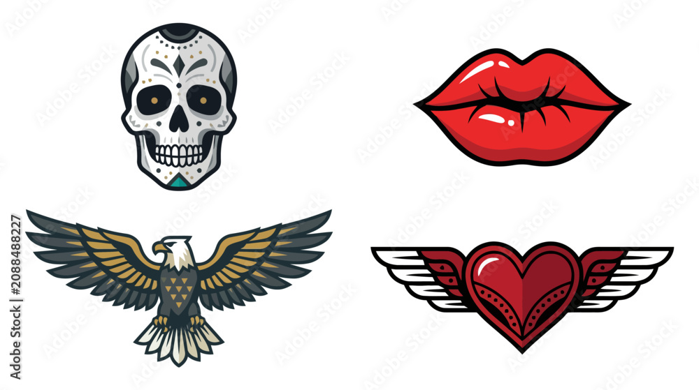 Fototapeta premium Day of the Dead Skull, Red Lips, Eagle, and Winged Heart Graphic Icons