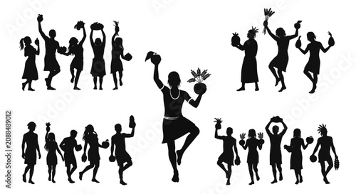 Black silhouettes of ancient tribal people celebrating a bountiful harvest, holding tropical fruits and grain on white background. Historical communal agriculture ritual scene.