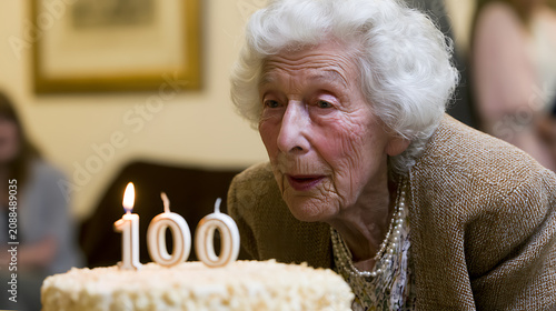 Elderly woman celebrate a significant birthday, leaning forward to blow out candles on a cake, capturing a moment of joy and milestone achievement