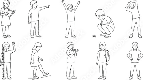 Children Activity Pose Collection with Kids Reading Playing Learning and Standing Outline Vector Set