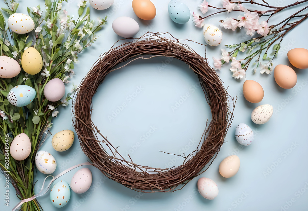 Fototapeta premium Easter wreath with decorated eggs and spring flowers flat lay