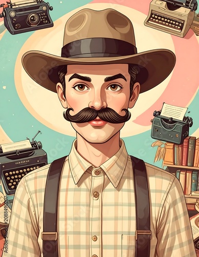 Vintage Mustached Man Wearing Cowboy Hat in Retro Writer Studio
