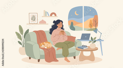 Woman sitting on couch with laptop.