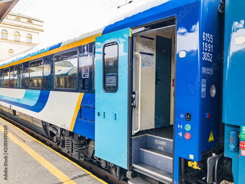 Hungarian State Railways (MAV)  EuroCity (EC) international express train car parked at Budapest Keleti station platform.
