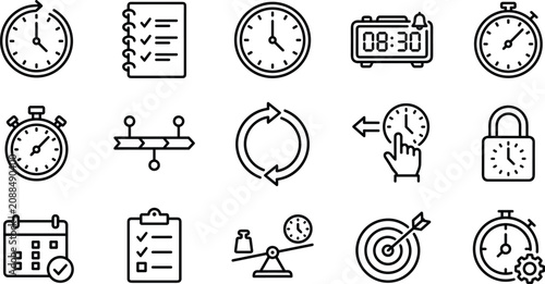 Time management line icon set with clocks timers calendar schedule and productivity planning symbols