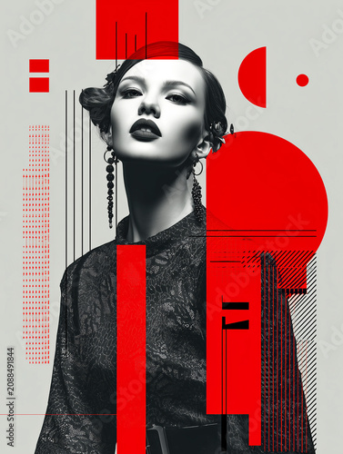 Striking black and white portrait of woman is creatively overlaid with bold red geometric shapes, creating modern and artistic editorial magazine cover. composition blends fashion and abstract art