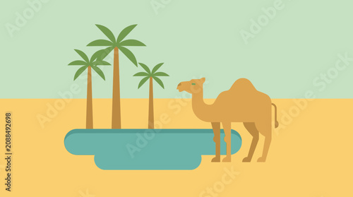 Fotografie Minimalist flat illustration of a single humped camel standing by a desert oasis