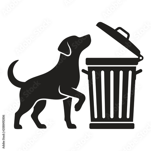 Slika na platnu Black dog standing next to open trash can  looking inside garbage bin icon