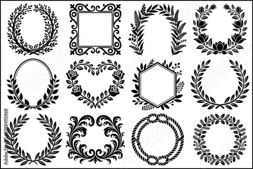 Collection of various ornate floral wreath designs and borders