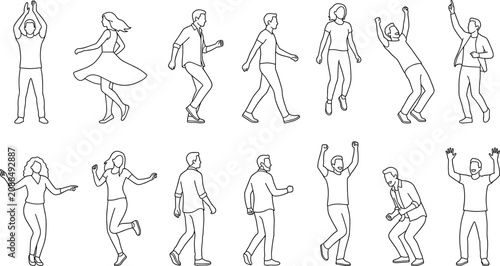 People Celebration and Dance Outline Collection with Joyful Movement Walking and Active Lifestyle Vector Set