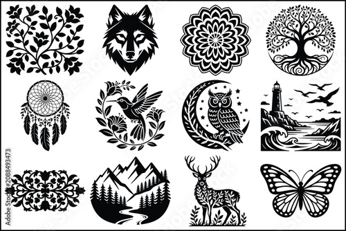 Black and white illustrations of various nature inspired icons
