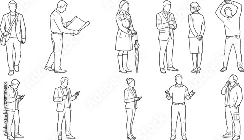 People Professional Activity Outline Collection with Business Standing Reading and Casual Poses Vector Set