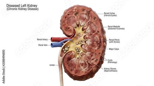 Foto A diseased left kidney with chronic kidney disease is shown in a detailed medical illustration