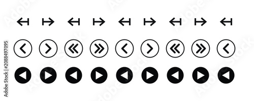 Fotografie Navigation arrow icons in a row with play buttons against white background simpl