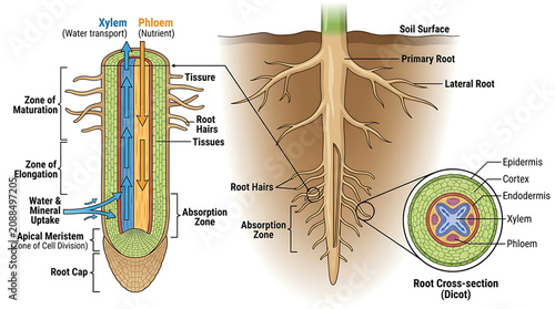 Obraz na płótnie The root system of a plant shows its primary and lateral roots with various zones and tissues labeled in a diagram