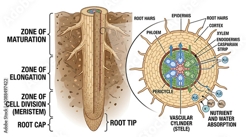 Foto The root tip anatomy diagram shows a longitudinal section of root structure with labeled zones and a cross-sectional view