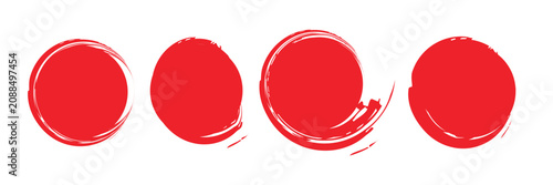  Set of Circle round stamps in grunge style. Round red circle brush stroke. Red round brush painted circle stock. Vector illustration.