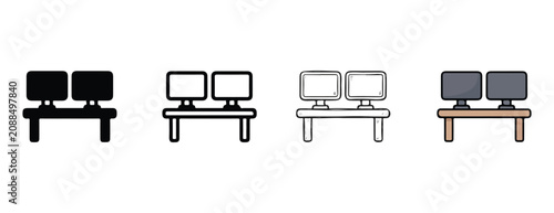 computer monitor icons on desks in different styles and colors  isolated on white background