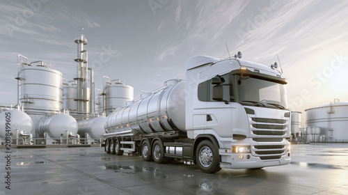 Fuel tanker truck delivering gasoline to gas station storage tanks, industrial logistics concept