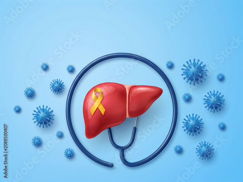 Liver with yellow awareness ribbon surrounded by blue viruses and stethoscope on light blue background