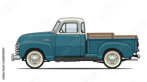 Blue and white vintage pickup truck illustration isolated on white background