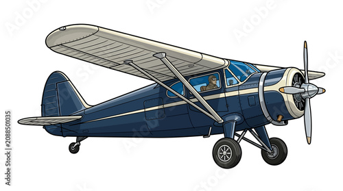 Canvastavla Vintage blue airplane with pilot in cockpit against white background