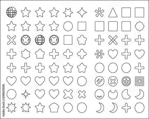 Minimal Outline Shape Icon Grid Sheet Featuring Geometric Symbols, Hearts, Stars, Circles and Moons.