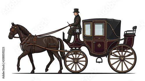 Canvastavla Vintage horse-drawn carriage illustration with driver.