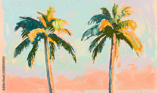 Tropical Paradise Palms | Summer Vibes, Beach Scene, Palm Trees, Holiday, Vacation, Exotic, Relaxation, Summer, Beachfront, Coastal, Vibrant Colors, Pastel Tones, Painted Art, Digital Illustration
