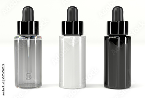 Close-up of realistic mockups of clear, black and white glass dropper bottles of cosmetic serums, essential oils, or pharmaceutical product. 3d illustration on white background