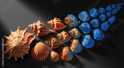 Seashells and pearls on black background.