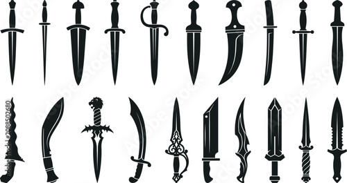 Fotografie Dagger and ancient knife silhouettes featuring combat blades swords and tactical