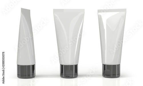 Close-up of realistic white glossy plastic tube mockups for cosmetic or medicinal products. 3d illustration on white background
