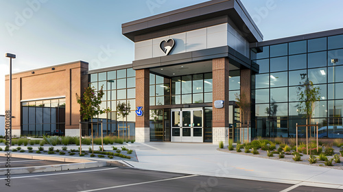 Modern Building Exterior with Glass Facade and Landscaping