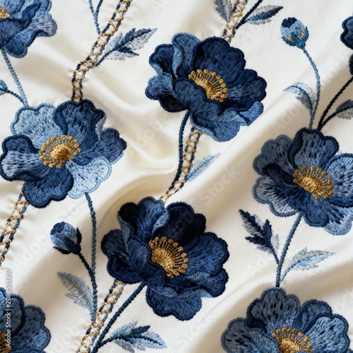 Elegant white fabric featuring intricate dark blue floral embroidery with golden centers, creating a luxurious and textured botanical pattern