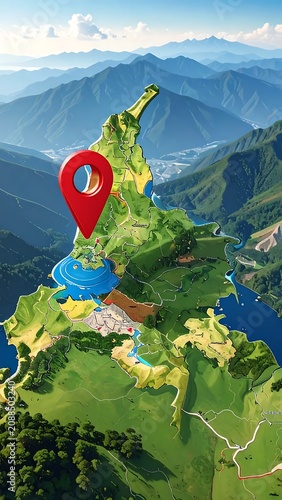 Red Location Pin Marking Stylized Green Terrain Map in Mountain Valley Landscape