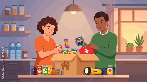 A man and woman pack emergency supplies like canned food, batteries, and a first aid kit into a box at home. Concept of disaster preparedness, survival, and household emergency safety.