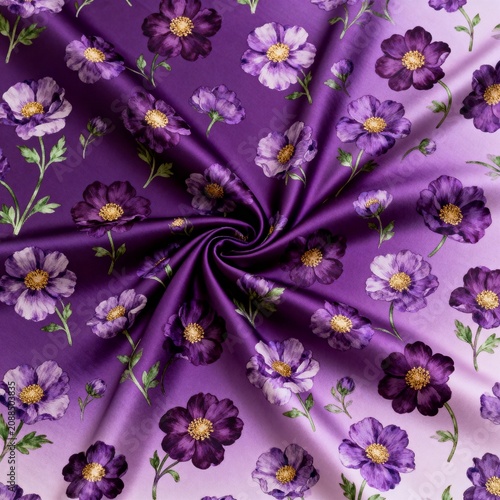 A rich, vibrant purple fabric featuring a seamless print of blooming flowers with golden centers, displaying a soft, elegant drape