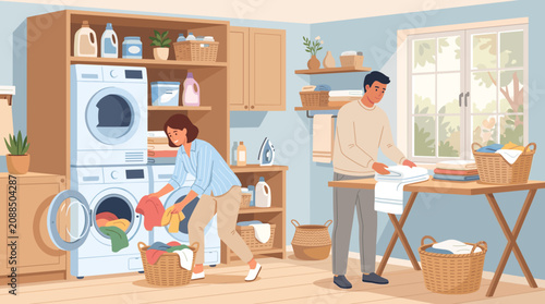 A man and woman working together in a cozy laundry room. The woman loads the washer while the man folds clothes on an ironing board. Bright, organized, and domestic lifestyle illustration.