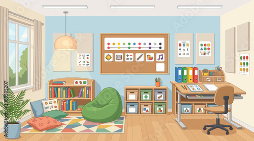 Illustration of a modern kindergarten classroom with educational materials, a beanbag, study desk, and storage organizers. Perfect for educational design, daycare, and school projects.