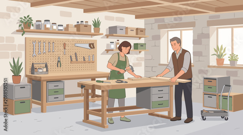 Senior man and woman working together in a cozy home garage workshop, crafting woodwork with hand tools. Flat illustration style, hobby, DIY, renovation and lifestyle concept.